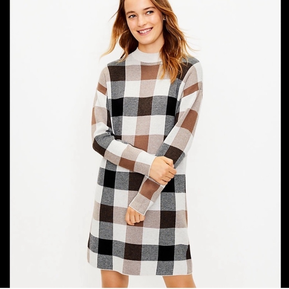 Loft Checkered Plaid Mock Neck Sweater Dress - Picture 6 of 7